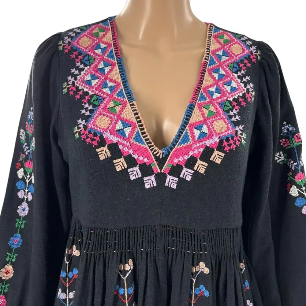 Ulla Johnson Black Maja Embroidered Peplum Peasant Blouse